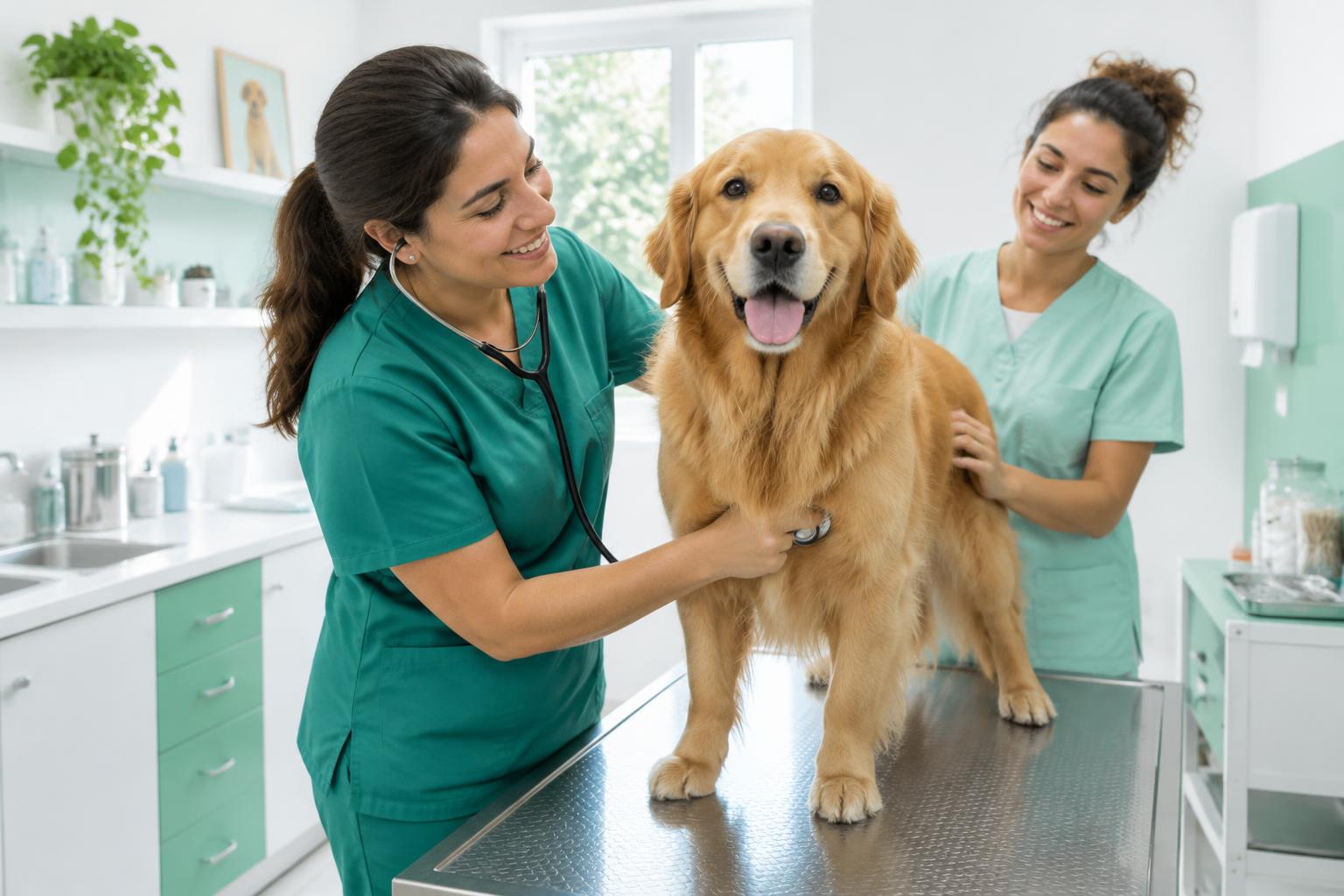 Veterinária e auxiliar cuidando de um golden retriever em uma clínica